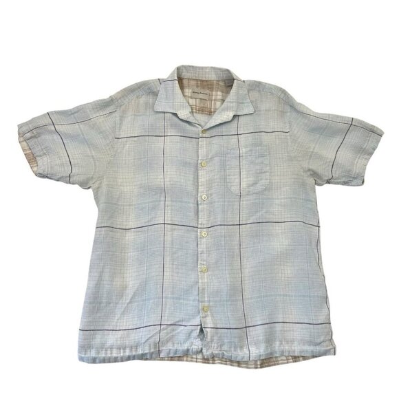 Tommy Bahama 100% Linen Plaid Short Sleeve Button Front Shirt size Large - Picture 1 of 6